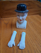 Porcelain Doll Head w/ Black Hat, Blue Eyes, Gray Hair 2 Arms Lot 3pc