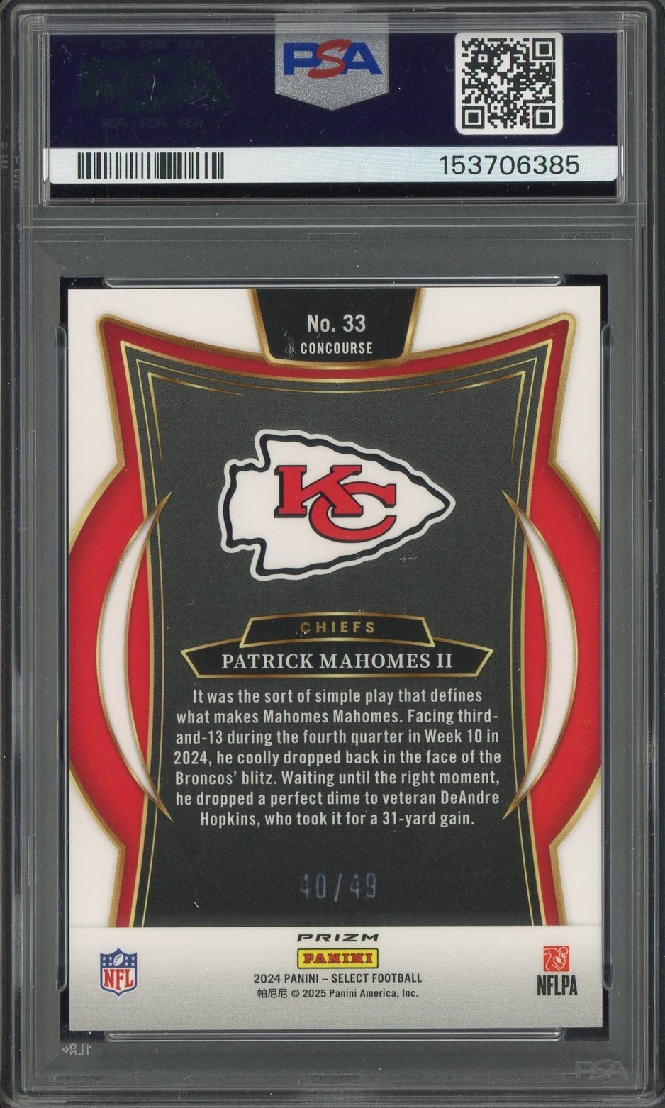 2024 Panini Select Orange Prizm #33 Patrick Mahomes II Chiefs 40/49 PSA 10 view 2