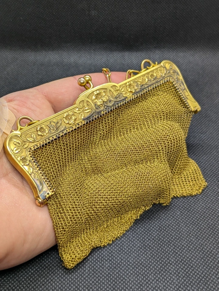 ANCIEN SAC MAILLE EN FIX PLAQUE OR EPOQUE ART NOUVEAU BOURSE PORTE MONNAIE 20ème - Photo 4/4