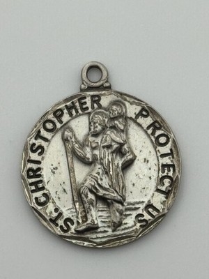 Vintage St Saint Christopher Protect Us Sterling Silver Religious Medal Signed K