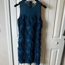 Michael Kors Blue Solid Sheer Chiffon Shift Fringe Knee Dress 6 Holiday/Party