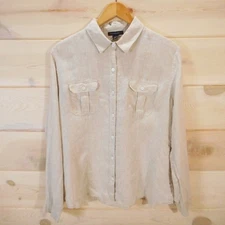 Saks Fifth Avenue Women's size Large 100% Linen Shirt Button-Up Roll Tab Sleeve