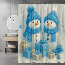 Cute Blue Snowman Shower Curtain for Winter Holiday Decor