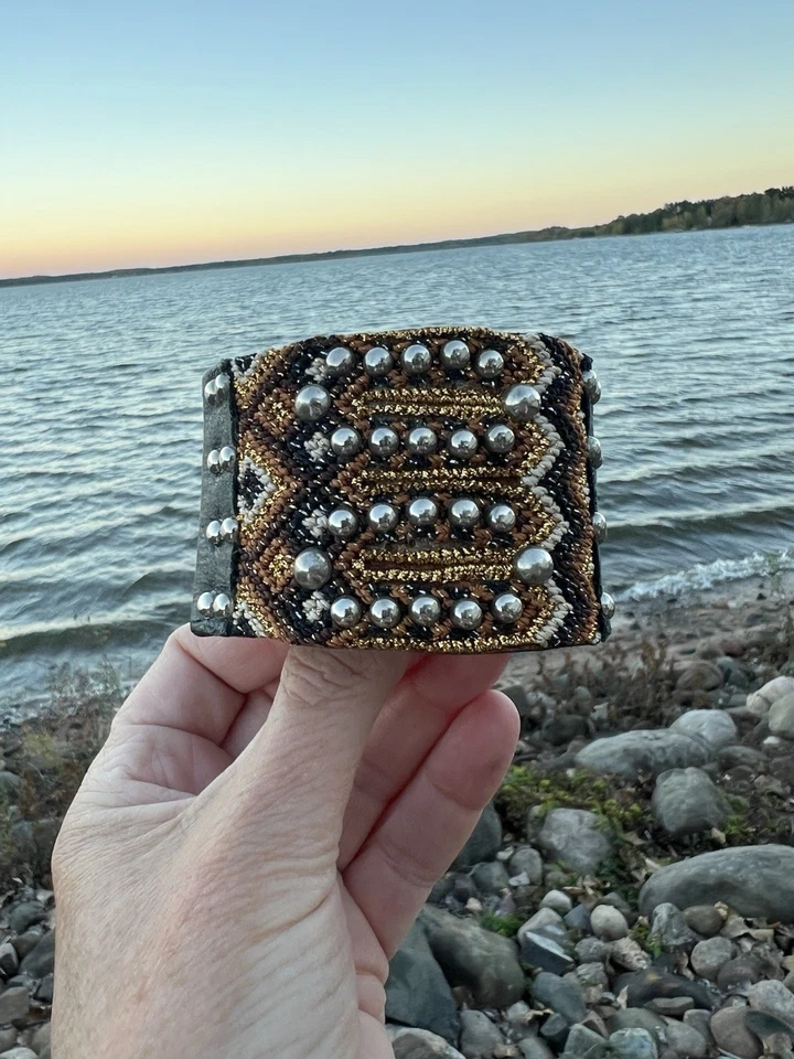 Calleen Cordero green leather cuff bracelet beaded aztec studded boho designer - Image 2 of 4