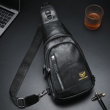 Men's Leather Sling Bag Crossbody Chest Adjustable Strap Multiple Compartments
