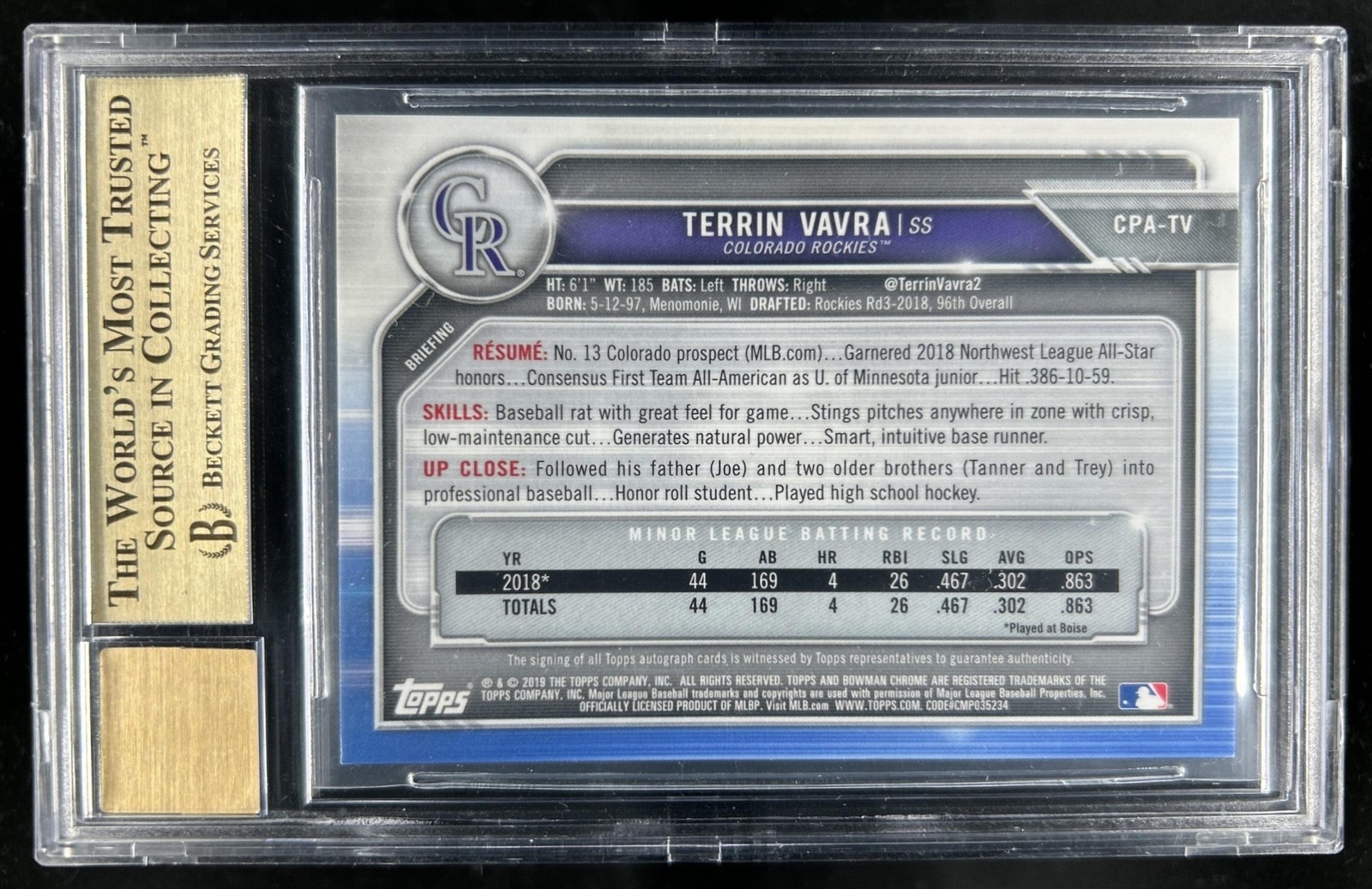 2019 Bowman Chrome Terrin Vavra Prospects Auto SuperFractor #1/1 BGS 9.5/10 view 2