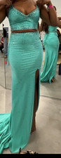 Catwalk Couture Teal Satin Rhinestone Lace-Up Back Formal Gown with Slit