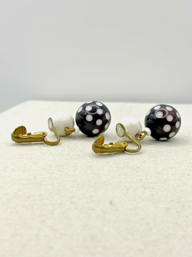 Vintage Germany Black Cherry And White Polka Dot Ball Drop Clip On Earrings - Picture 10 of 23