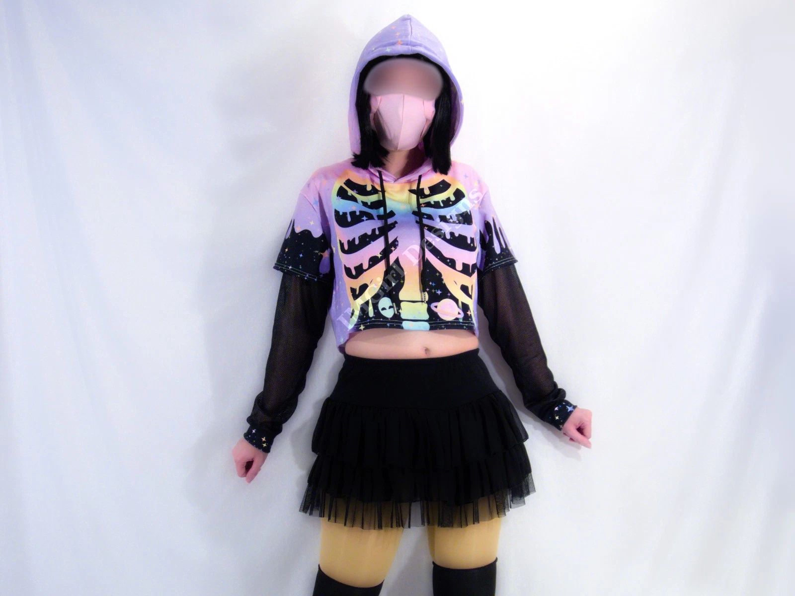 Mesh Sleeve Crop Hoodie, Pastel Goth Harajuku Rainbow Skeleton