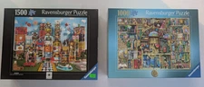 2 Ravensburger Puzzle 1500 Pc House of Cards & 1000 p Bizarre Bookstore COMPLETE