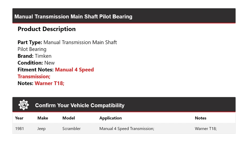 For 1981 Jeep Scrambler Manual Transmission Main Shaft Pilot Bearing Timken - Image 2 of 4