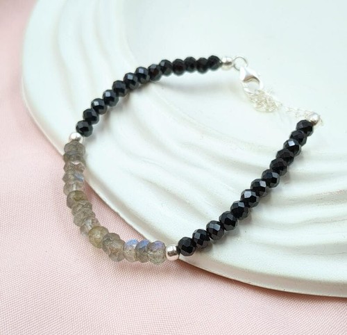 Labradorite & Black Spinel 2 Multi Gemstone Beads  Women Delicate Bracelet 6-8" - Picture 4 of 10