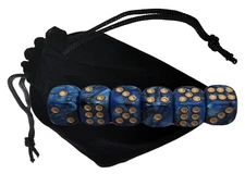 Set of (6) 16mm Pearlized Dual Color Blue Black Dice Gold Pips + Storage Pouch