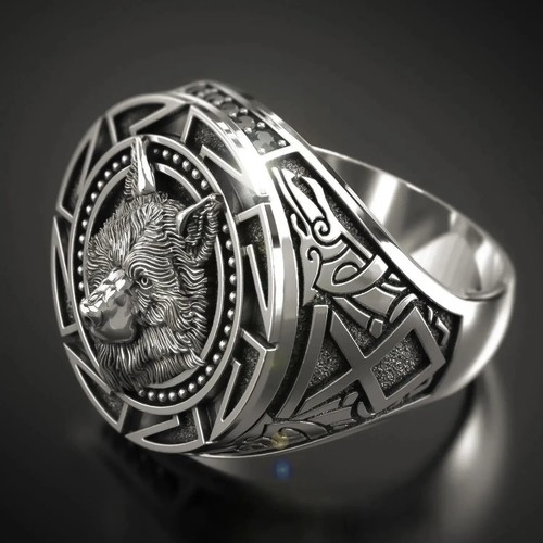 Retro Wolf Totem Nordic Mythology Viking Warrior Wolf Head Men Ring Geometric - Picture 18 of 24