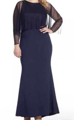 Eliza J Scuba Navy Blue Mesh Cape Overlay Straight Flare Hem Maxi Dress  Gown 14