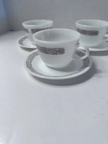 Vintage Pyrex Corelle Woodland Coffee / Tea Cups and Saucers 3 Sets 2.5” Tall