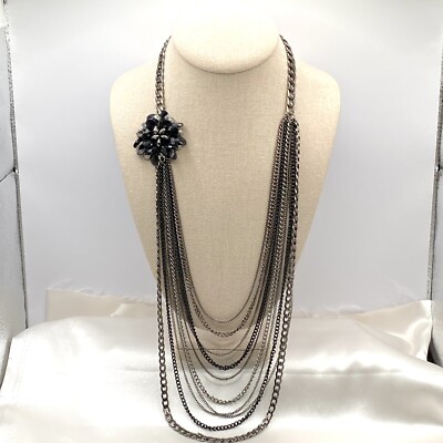 Vtg Multitone Multichain Floral Charm Long Necklace Black Chunky Gothic Boho OB