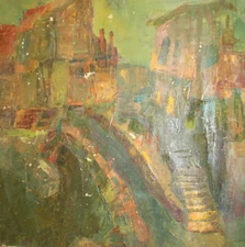 Vintage oil painting expressionist landscape cityscape