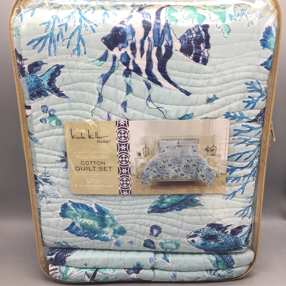 Juego de 3 piezas Nicole Miller Ocean FULL QUEEN Edredón Falso Peces Tropicales Concha Marina Azul Foto 2 de 4