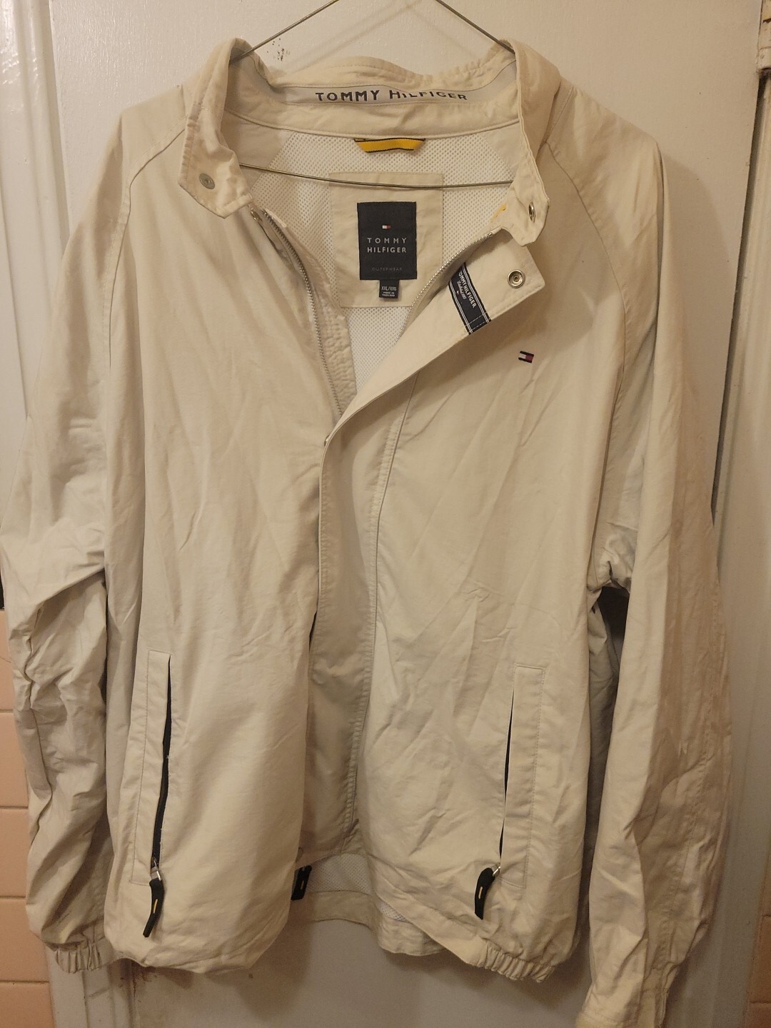 VTG Tommy Hilfiger Beige Bomber Jacket Mens XL Full Zip Harrington 2000s