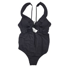 Black Ribbed Halter One-Piece Swimsuit With Ruffle Detail  Size XL