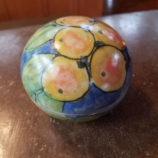 Zimbabwe Pottery Round Trinket Box South African Orange Fruit Green