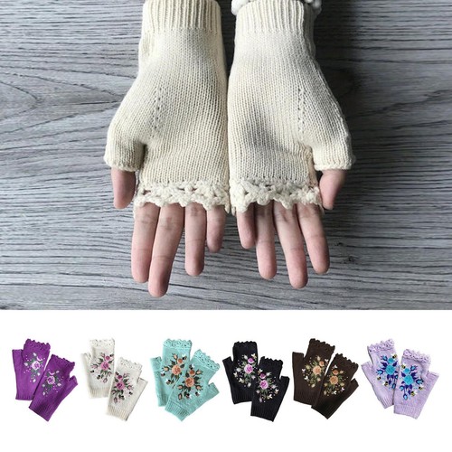Damen bestickte Handschuhe Blume fingerlos Winter Strickhandschuhe Erwachsene Handschuhe - Bild 3 von 23