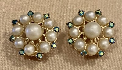VINTAGE HOBE FAUX PEARL AB RHINESTONE CLIP ON EARRINGS | eBay 
