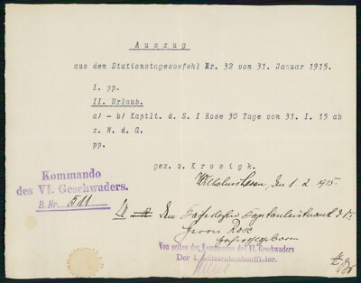 Stationstagesbefehl Januar 1915 Kapitänleutnant d. S. I Rose 15 ab z. W. d. G.