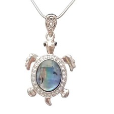 Abalone Turtle Tortoise Pendant Rhinestones Silver Tone Snake Chain 18 In