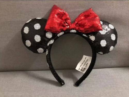 Disney Parks Minnie Mouse Red Black white dot Sequin Headband Ears Costume Bow - Picture 1 of 3