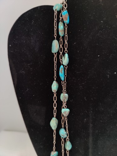 Faux Turquoise Necklace 50 inches Silver Chain - Picture 2 of 7