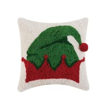 Santa's Elf Hat with Pom Pom  10" Sq Christmas Hooked Wool Mini Accent Pillow
