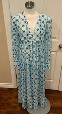 Rocco Sand Blue White Silk Tie Dye Long Sleeve Maxi Dress $595, Size Large