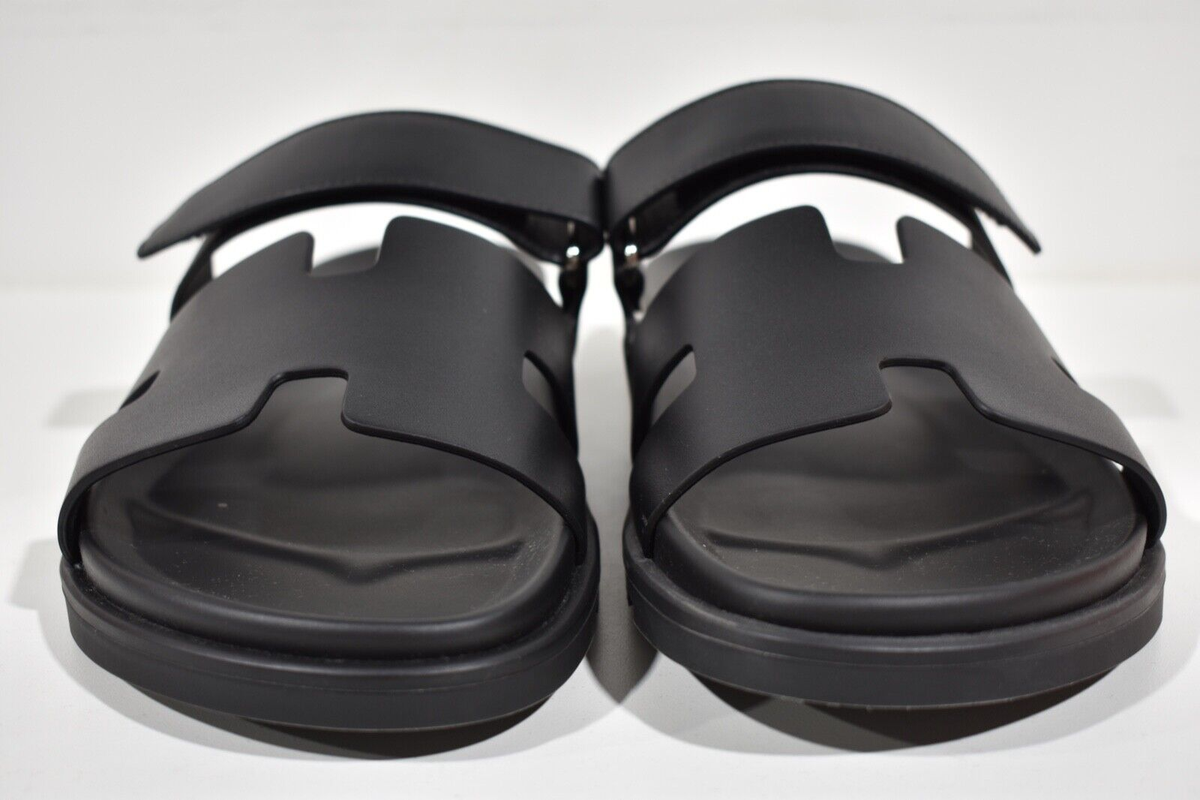 Hermes Chypre Sandal Mens Black Leather H Logo Strap Slide 