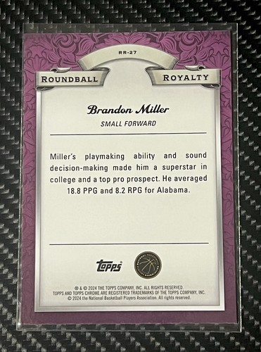 2023 2024 Topps Chrome Brandon Miller Roundball Royalty Pink Basketball Rookie - Picture 2 of 3