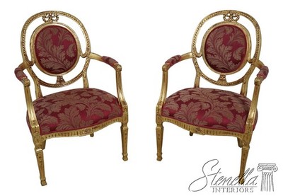 L62006: Pair Gold Gilt French Louis XVI Style Open Armchairs