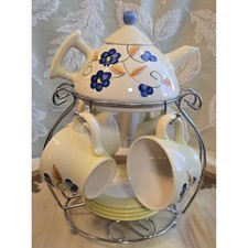 Vintage Miniature Tea Set Hand Painted Floral Ceramic Teapot Cups Saucers Stand