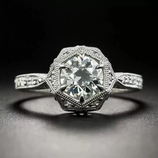 14k White Gold Finish Round Cut Art Deco Lab-Created Diamond Wedding Ring