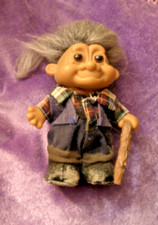 Vintage Russ Troll Grandpa Doll Old Man W/ walking Stick APPROX 5 '' Gray Hair