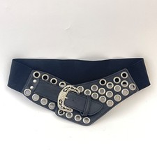 Vtg Women's Wide Belt Black Leather Stretchy Size 26