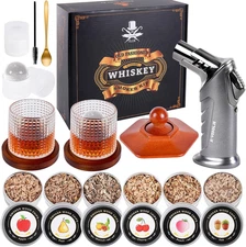 Whiskey Smoker Kit with Torch - 6 Flavors Wood Chips, 2 Rotatable Whiskey Glasse