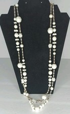 56" Vintage White Plastic Beaded Necklace With Silver Tone Chain