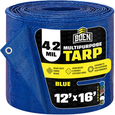 Boen Multi-Purpose Large Tarp Waterproof Cover Blue 12 X 16 4.2 Mil Thick Rip