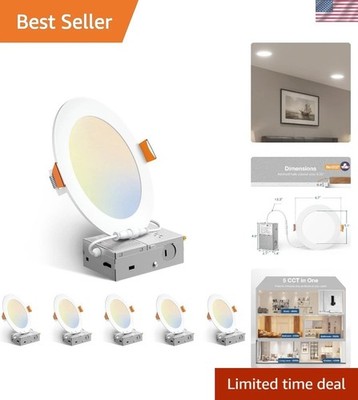 6 Pack 6 Inch 5CCT Ultra-Thin LED Recessed Ceiling Light with Junction Box, 2...