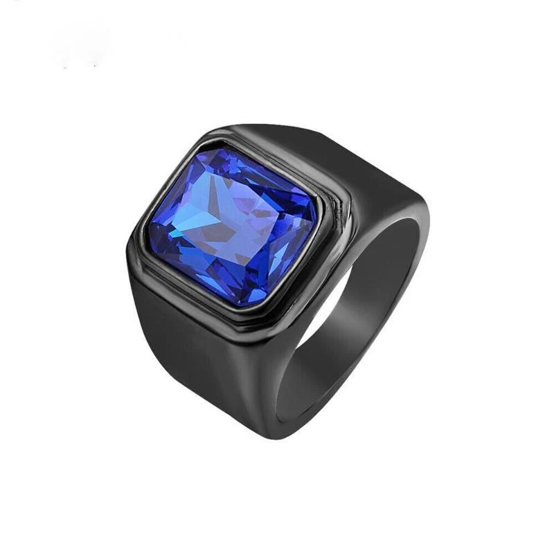 Anillo de boda de piedra azul talla 7-12 negro de acero inoxidable para hombres y mujeres regalo Foto 3 de 4