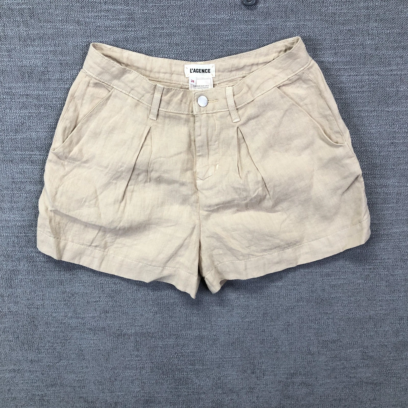 L'AGENCE Shorts Womens 24 Beige 100% Linen Pleated Chino Casual Made In USA