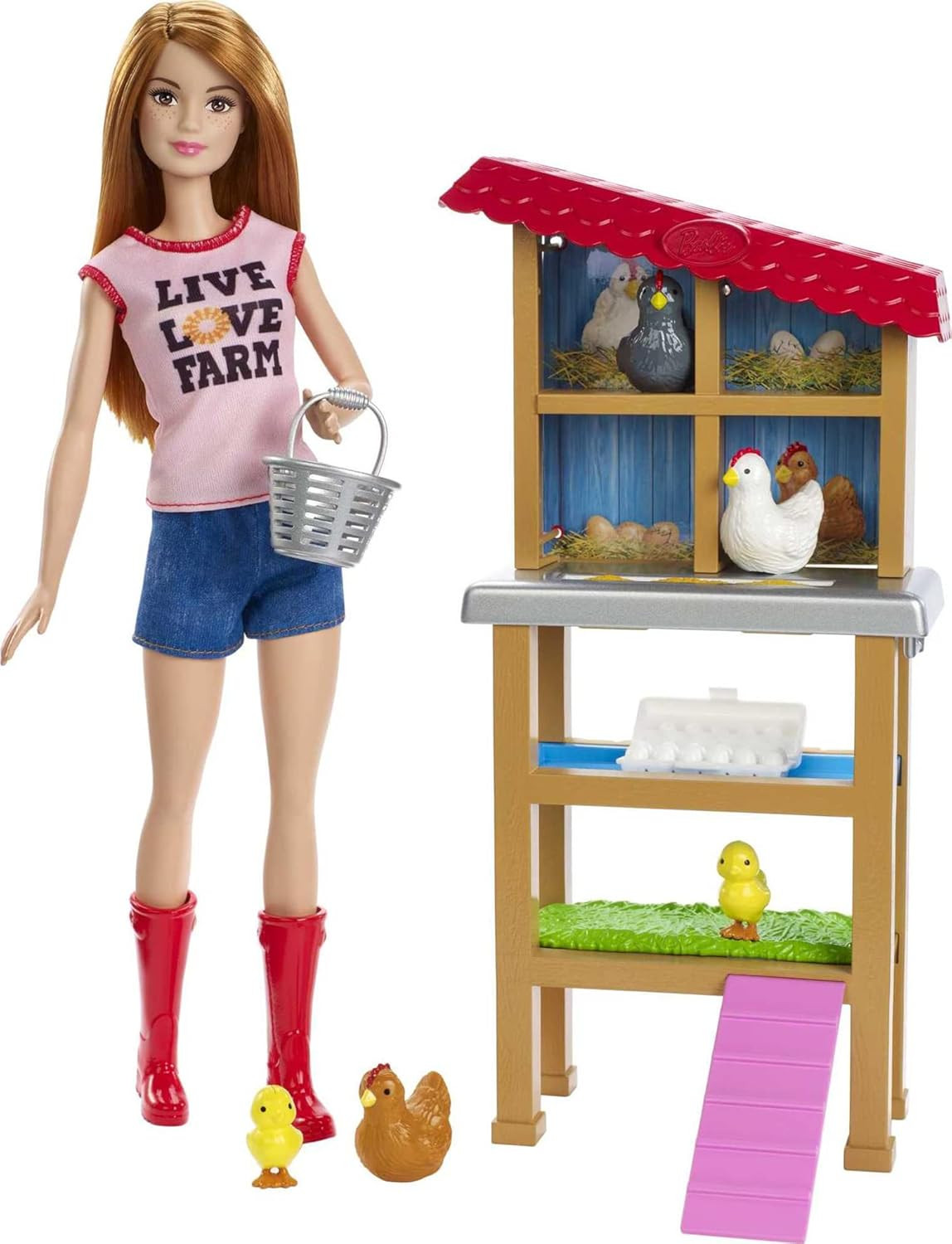 Barbie Chicken Farmer Doll, Red-Haired, and Playset with Henhouse, 3 Chickens, 2