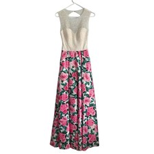 Basix Black Label Rose prom gown beaded illusion top w cut out back floral sz 2