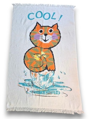 Vintage 60s 70s Cannon Cotton Fringed Beach Towel Cool Cat Orange Kitten